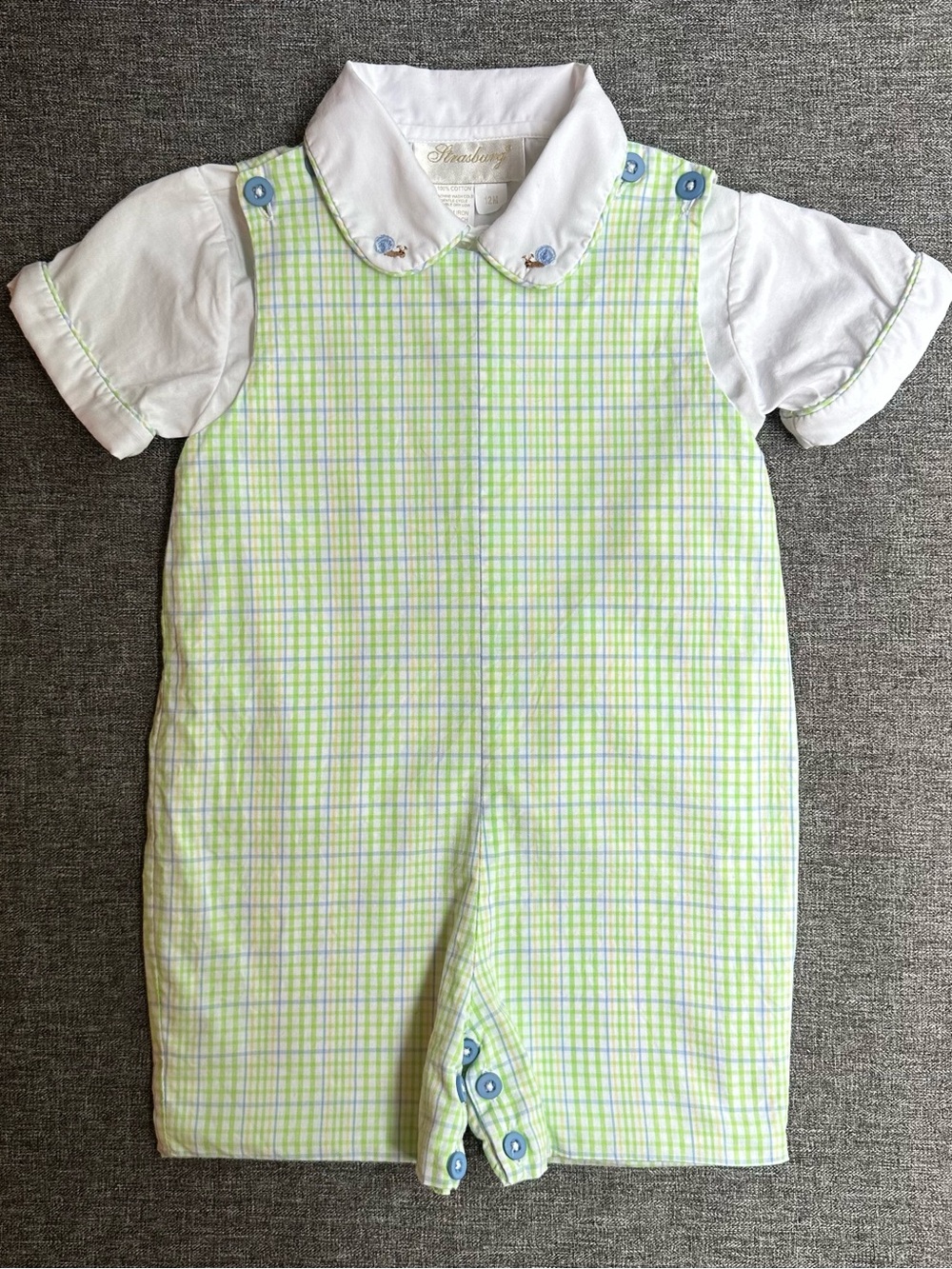 Strasburg Baby Boy Cotton John John Snail Shirt Set Blue Green White Plaid 12